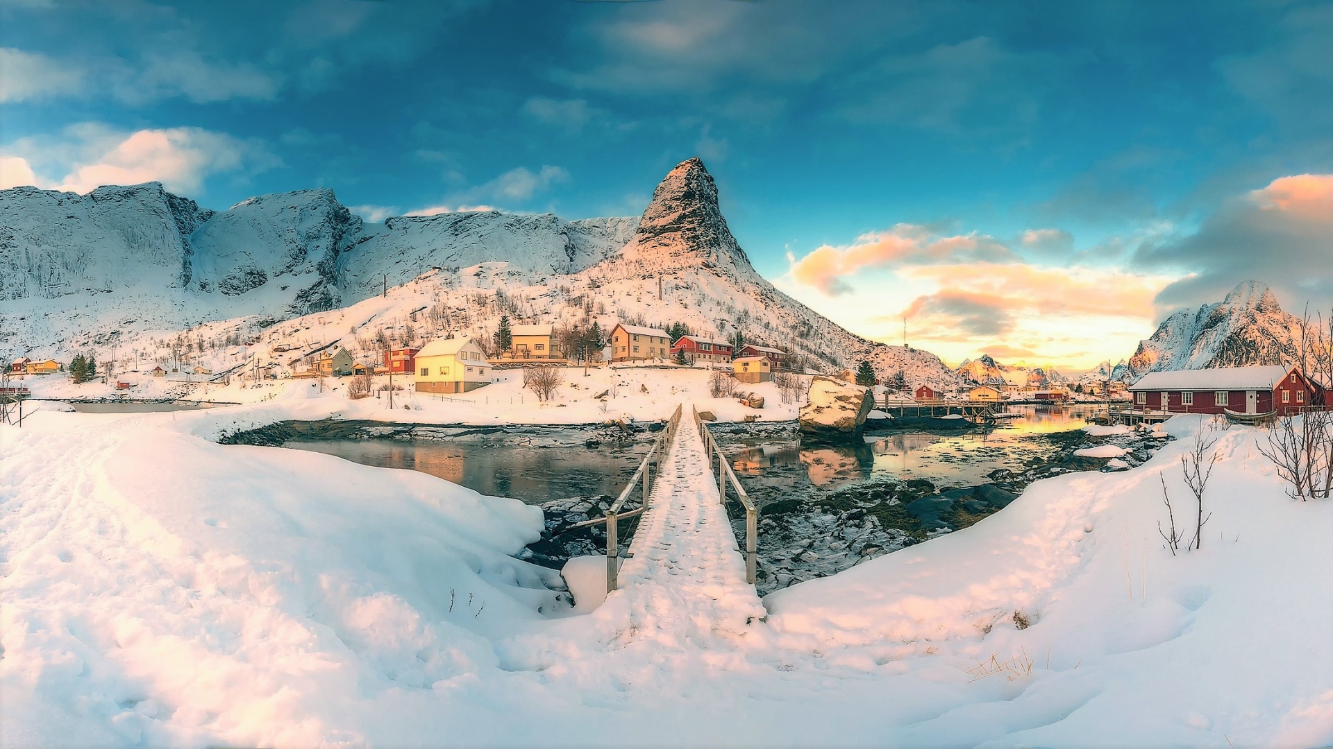 nature, Landscape, Mountains, Norway, Winter, Snow, Lake, Bridge, House, Ice, Clouds, Village, Lofoten, Sunlight Wallpaper
