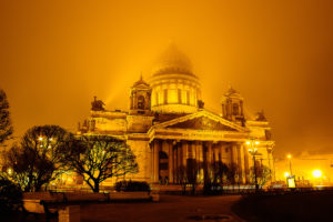 Andrey Metelkov, Cathedral, Lights, Building, Night, Mist, Russia, St. Petersburg