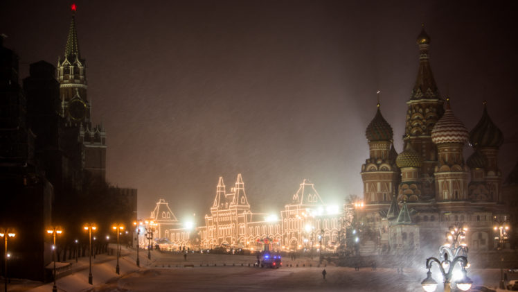 Moscow, Red Square, Church, Night, Snow, Russia, Winter, Lights, Kremlin HD Wallpaper Desktop Background