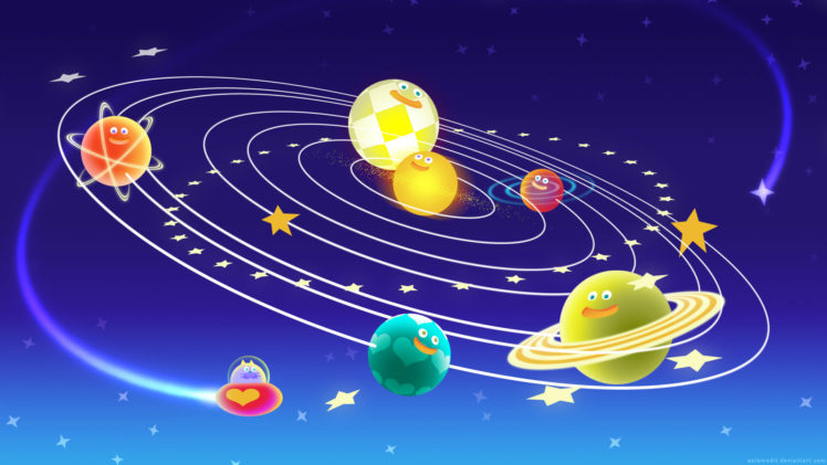 humor, Colorful, Space, Planet, Sun, Solar System, Stars, Smiling, Circle, Blue background HD Wallpaper Desktop Background