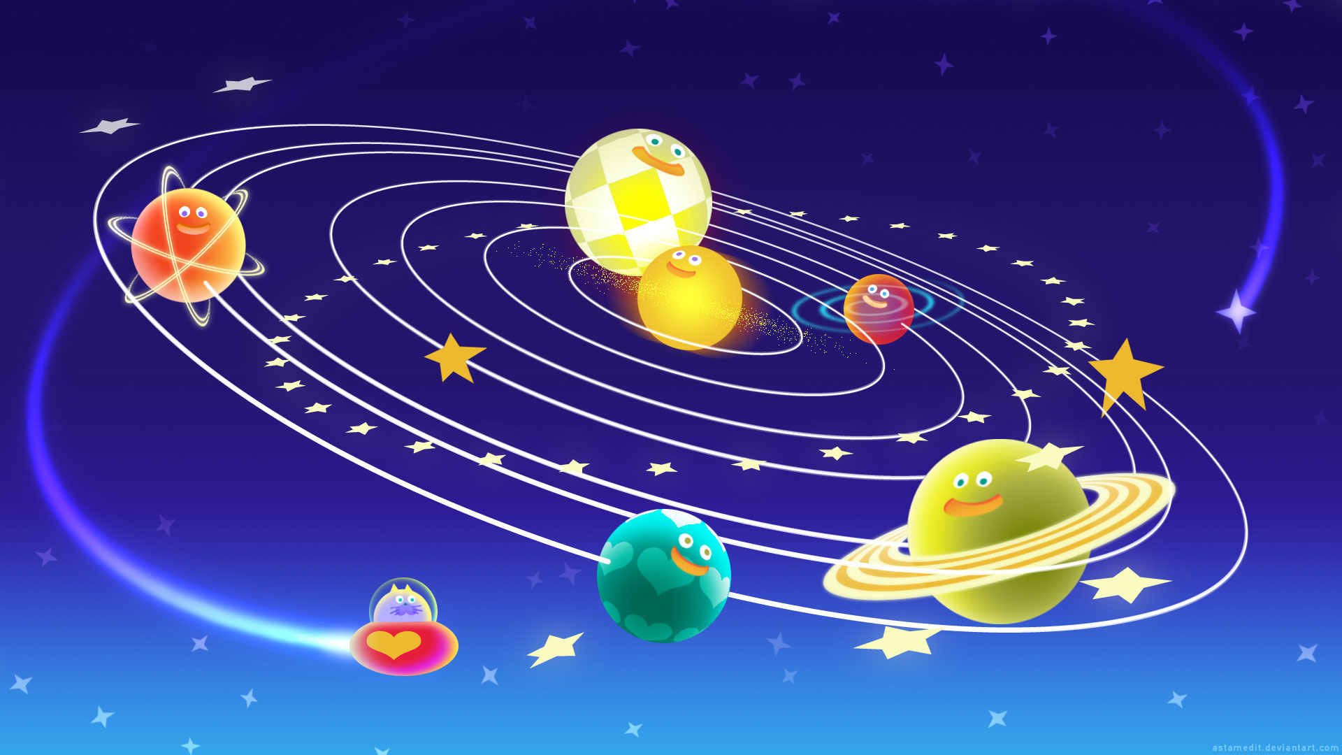 humor, Colorful, Space, Planet, Sun, Solar System, Stars, Smiling, Circle, Blue background Wallpaper