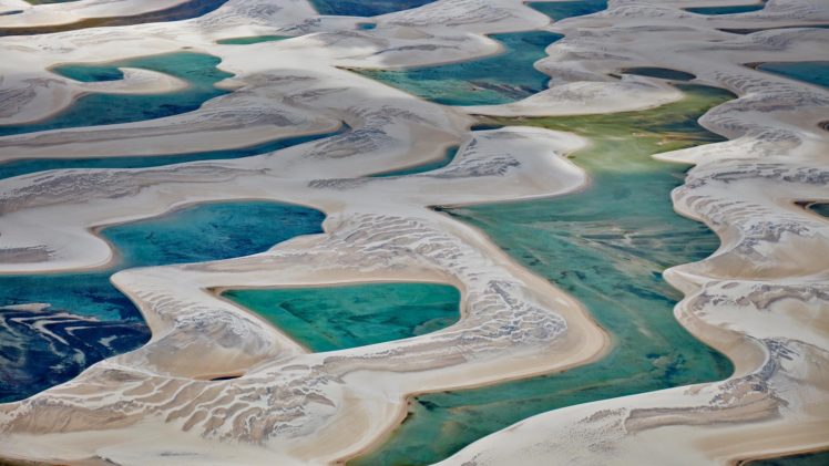 Brazil, Barreirinhas, Lençóis Maranhenses National Park, Dune, Water, Aerial view HD Wallpaper Desktop Background