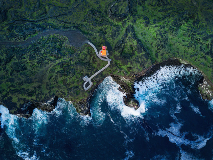 Iceland, Aerial view, Sea, Coast, Lighthouse, Svortuloft Lighthouse, Water HD Wallpaper Desktop Background