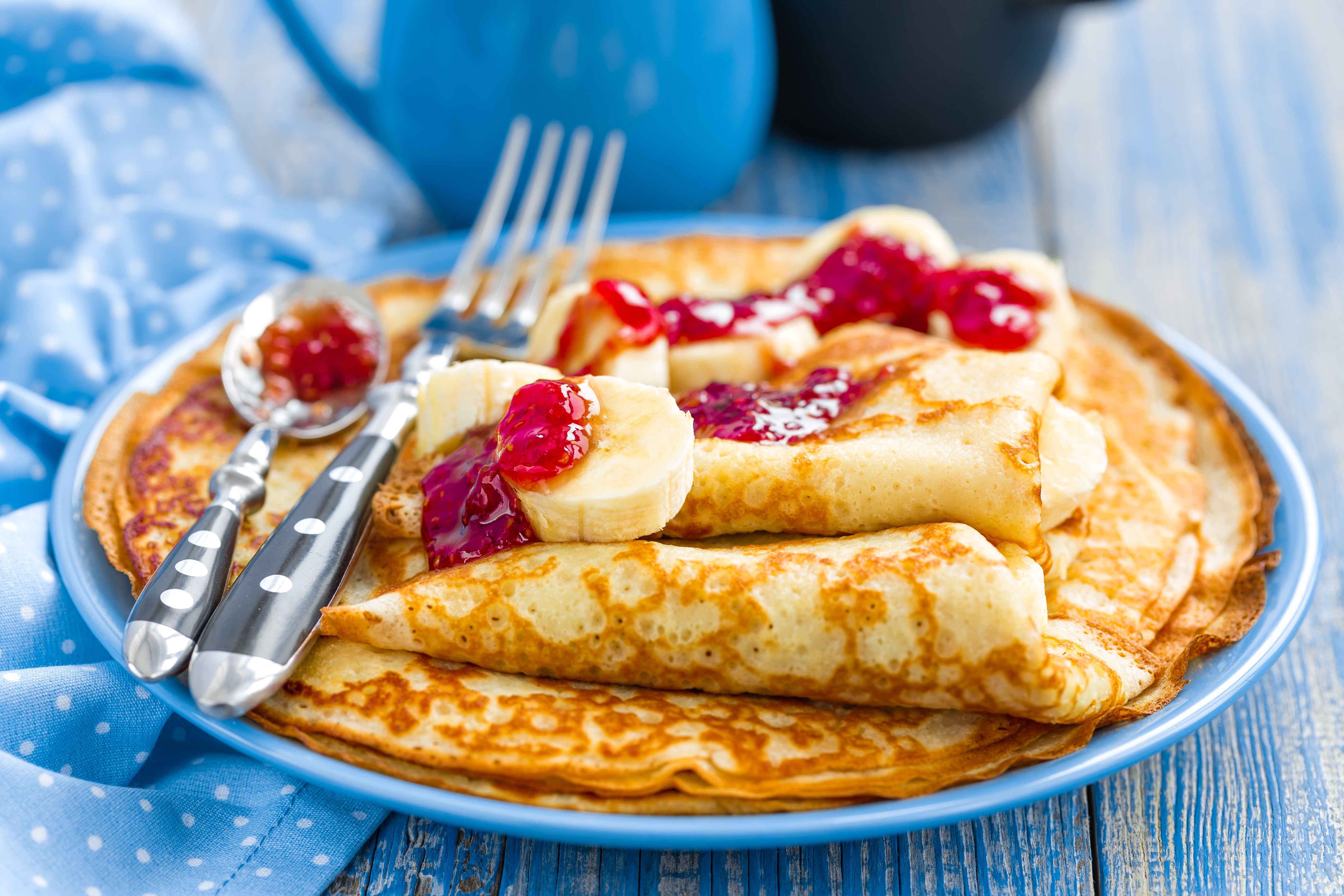 pancakes, Bananas, Jam, Fork, Spoon, Food Wallpaper