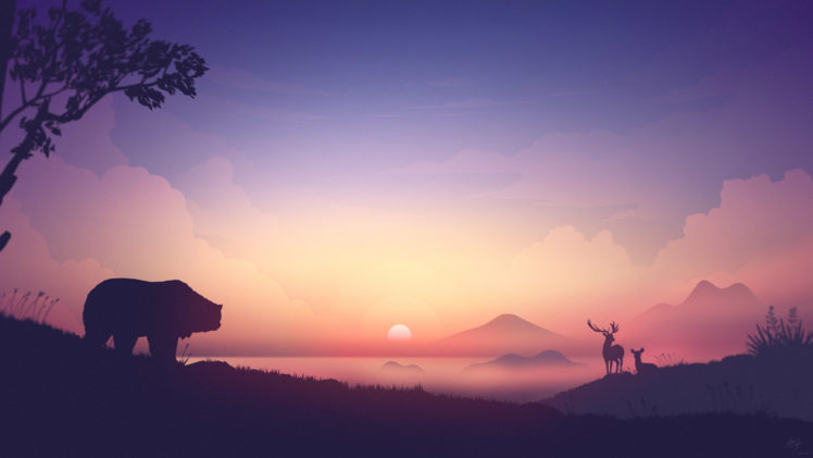 artwork, Bears, Sunrise, Nature, Elk, Deer, Mountains, Silhouette HD Wallpaper Desktop Background