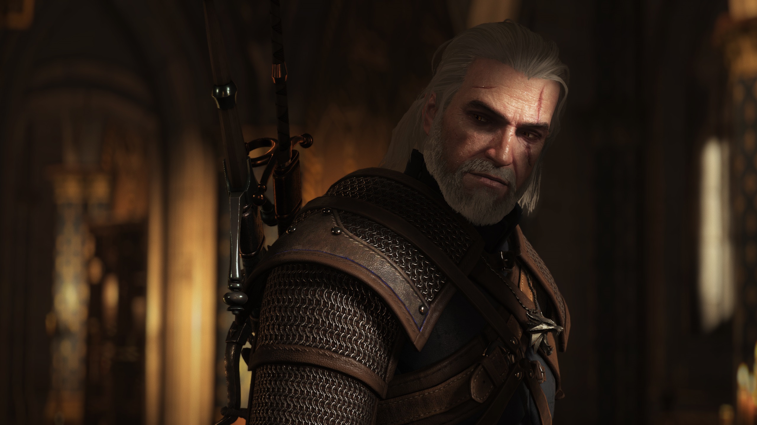 Geralt of Rivia, White hair, Men, Beard, Video games, The Witcher, CG, Depth of field, The Witcher 3: Wild Hunt Wallpaper