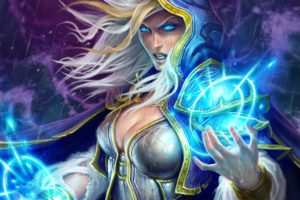 Jaina Proudmoore, Cleavage, Blue eyes, White hair, Dota2 Alchemist, Video games, Hearthstone, Warcraft, Digital art, Artwork, Magic, World of Warcraft, Blizzard Entertainment