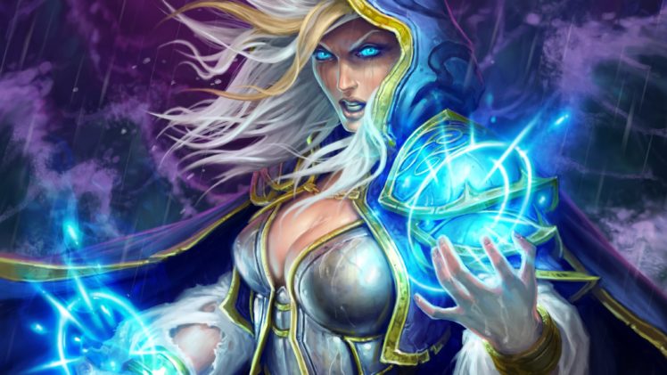 Jaina Proudmoore, Cleavage, Blue eyes, White hair, Dota2 Alchemist, Video games, Hearthstone, Warcraft, Digital art, Artwork, Magic, World of Warcraft, Blizzard Entertainment HD Wallpaper Desktop Background