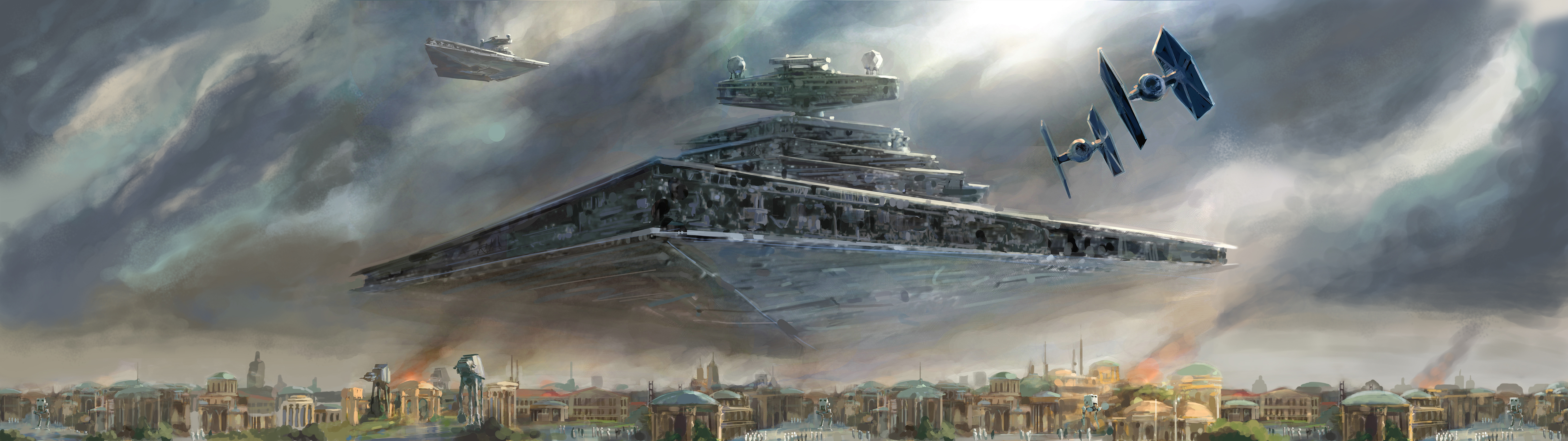 Star Destroyer, Naboo, TIE Fighter, AT AT Walker, Star Wars, Painting Wallpaper