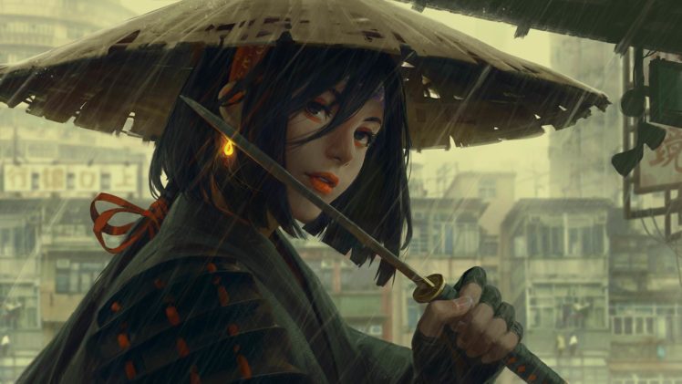 women, Original characters, Face, GUWEIZ, Rain, Artwork, Earring HD Wallpaper Desktop Background