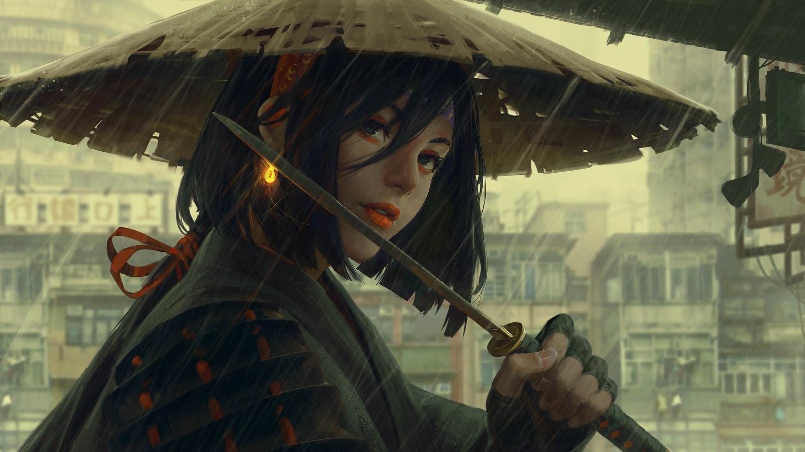 women, Original characters, Face, GUWEIZ, Rain, Artwork, Earring Wallpaper