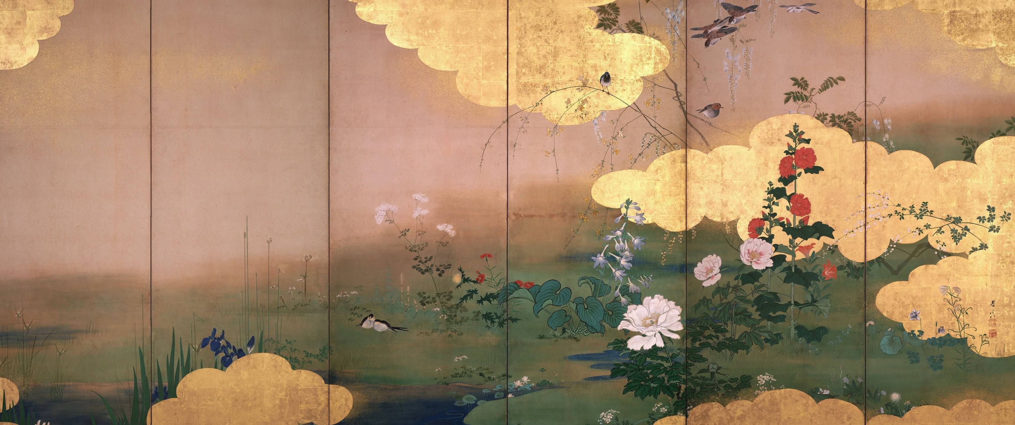 flowers, Birds, Clouds, Traditional Artwork Wallpaper
