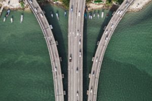 drone photo, Road, Bridge, Car, Boat, Grass, Trees, Water, Sea
