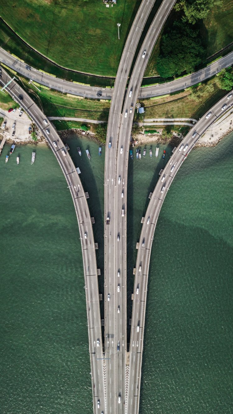 drone photo, Road, Bridge, Car, Boat, Grass, Trees, Water, Sea HD Wallpaper Desktop Background