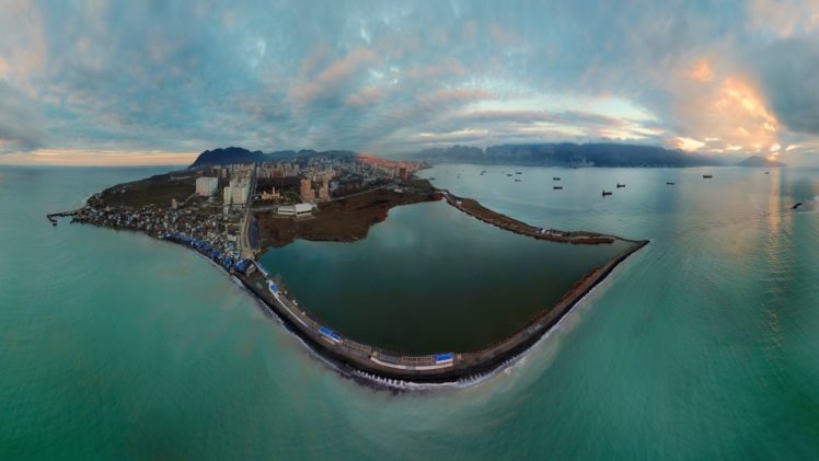 water, Sky, Cityscape, Aerial view, Fisheye lens HD Wallpaper Desktop Background