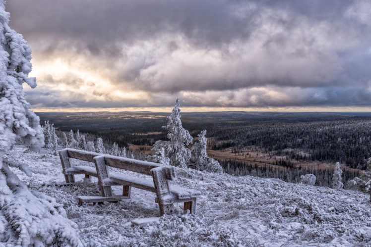 bench, Finland, Sun, Clouds, Winter, Snow, Forest HD Wallpaper Desktop Background