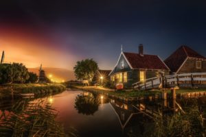villages, Sunset, HDR, Lights, Reflection, Water, Nature, Windmill