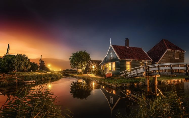 villages, Sunset, HDR, Lights, Reflection, Water, Nature, Windmill HD Wallpaper Desktop Background