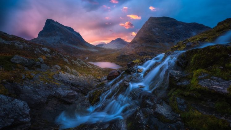nature, Waterfall, Mountains, Mountain pass, Water, Sunrise, Clouds HD Wallpaper Desktop Background