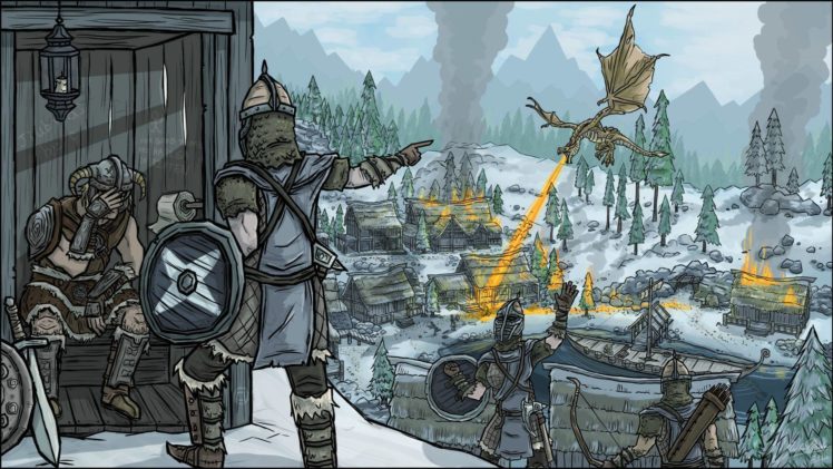 video games, The Elder Scrolls V: Skyrim, Dragon, Fire, Artwork, Painting, Boat, The Elder Scrolls HD Wallpaper Desktop Background