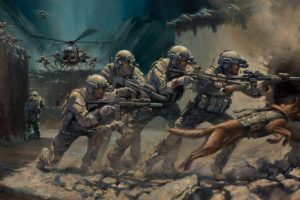 soldier, Artwork, Weapon, Rifles, Assault rifle, Helicopter, Helicopters, Dog, Military