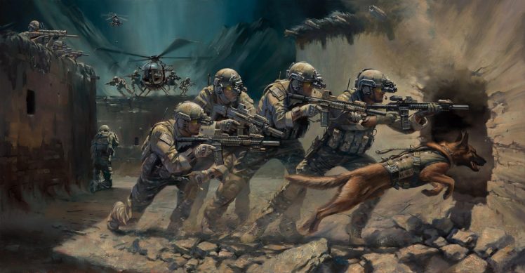 soldier, Artwork, Weapon, Rifles, Assault rifle, Helicopter, Helicopters, Dog, Military HD Wallpaper Desktop Background