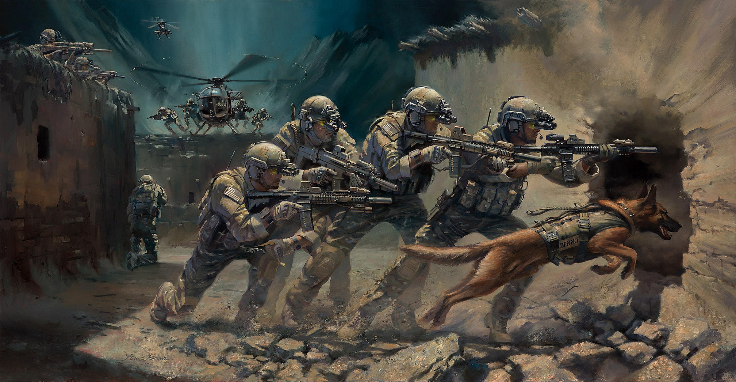 soldier, Artwork, Weapon, Rifles, Assault rifle, Helicopter, Helicopters, Dog, Military Wallpaper