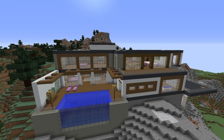 Minecraft, House, Landscape, Modern, Swimming pool HD Wallpaper Desktop Background