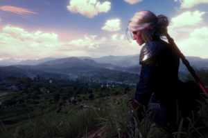 white hair, Cirilla Fiona Elen Riannon, The Witcher 3: Wild Hunt, Sword, Mountains, Grass, Video games, The Witcher