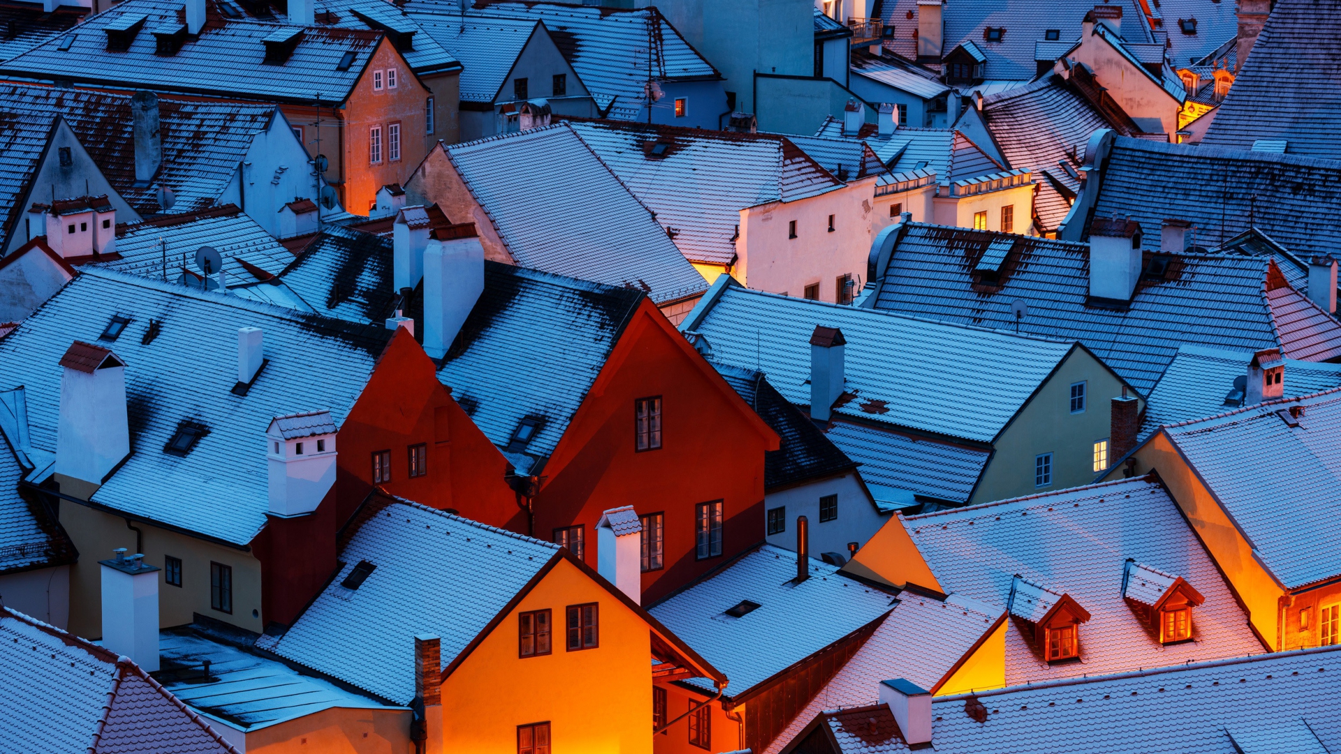 Martin Rak, Architecture, Building, Rooftops, Village, Snow, Winter, House, Evening, Lights, Czech Republic Wallpaper