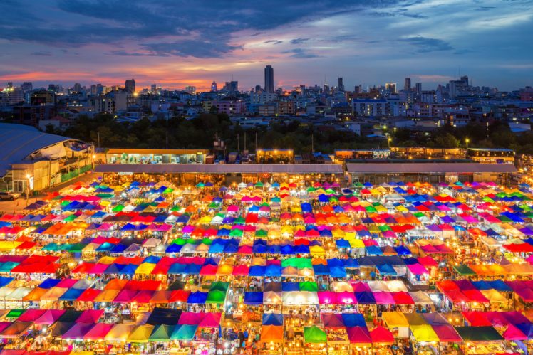architecture, Building, Cityscape, Colorful, Bangkok, Thailand, Sunset, Evening, Lights, Markets HD Wallpaper Desktop Background