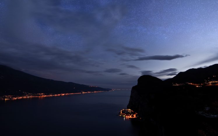 nature, Landscape, Water, Night, Stars, Hill, Hills, Sea HD Wallpaper Desktop Background