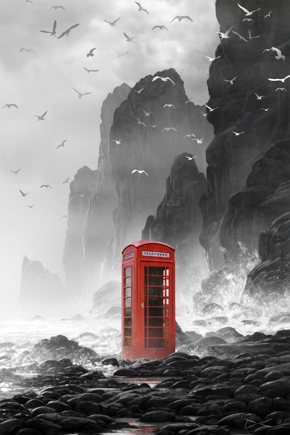 Daniel Conway, Phone box, Rocks, Cliff, Sea, Water, Birds Wallpaper