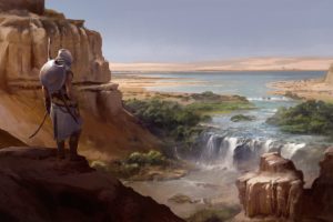 warrior, Digital art, Artwork, Video games, Assassins Creed: Origins, Assassins Creed, Landscape, River, Bayek, Egypt, Waterfall, Desert