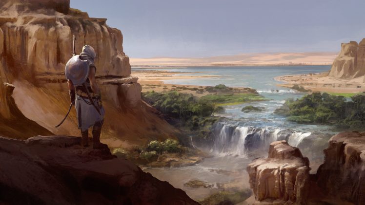 warrior, Digital art, Artwork, Video games, Assassins Creed: Origins, Assassins Creed, Landscape, River, Bayek, Egypt, Waterfall, Desert HD Wallpaper Desktop Background