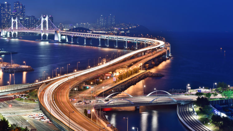 night, Road, Photography, South Korea, Kwangan Bridge, Busan, Bridge, Light trails HD Wallpaper Desktop Background