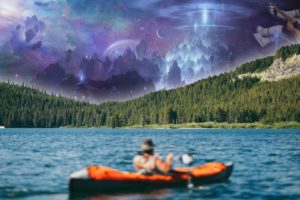 astronaut, Boat, Canoes, Water, Lake, Forest, Photoshop, Sky, Guitar