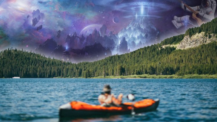 astronaut, Boat, Canoes, Water, Lake, Forest, Photoshop, Sky, Guitar HD Wallpaper Desktop Background