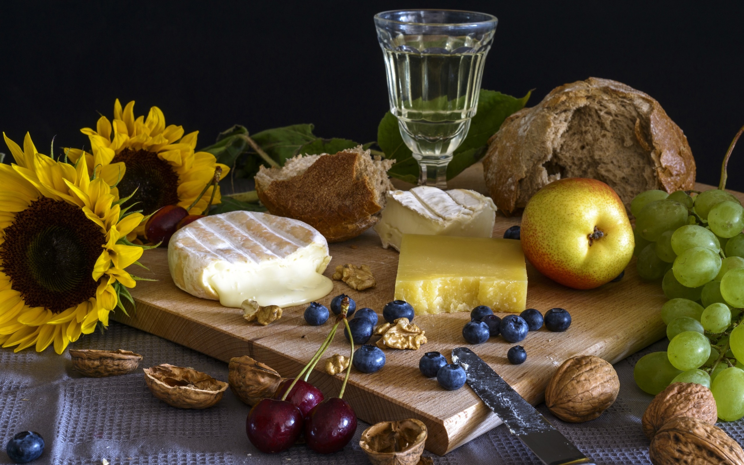 still life, Cheese, Berries, Food, Apples, Bread, Sunflowers, Grapes Wallpaper