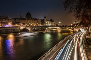 long exposure, Light trails, Water, Bridge, France