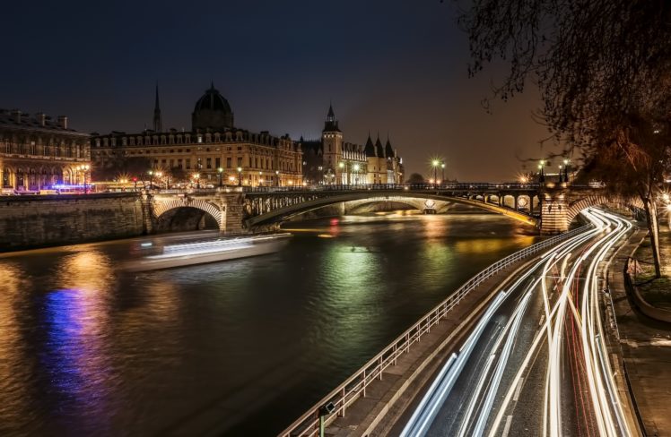long exposure, Light trails, Water, Bridge, France HD Wallpaper Desktop Background