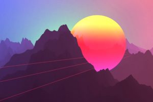 neon, Sunset, Mountains, Retro style