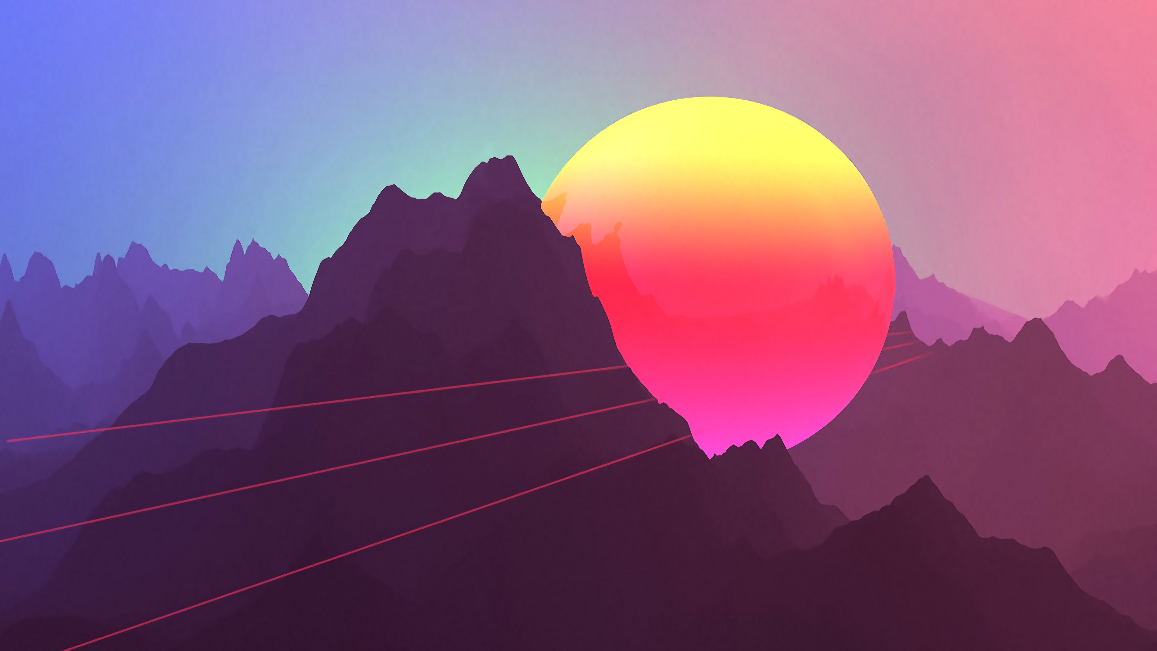 neon, Sunset, Mountains, Retro style Wallpaper