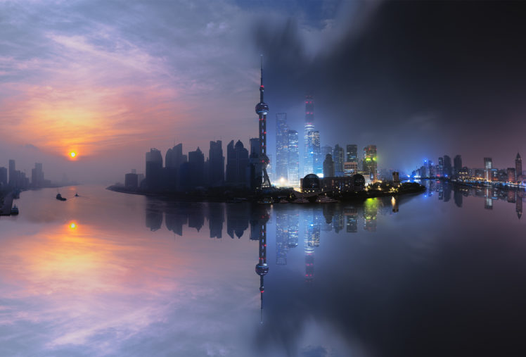 Shanghai, Night, Mist, China, Cityscape, Building, Clouds, Nightscape, Reflection, River, Sky, City HD Wallpaper Desktop Background