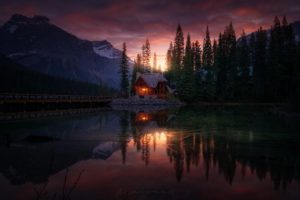nature, Reflection, House, Pine trees, Sunset, Mountains
