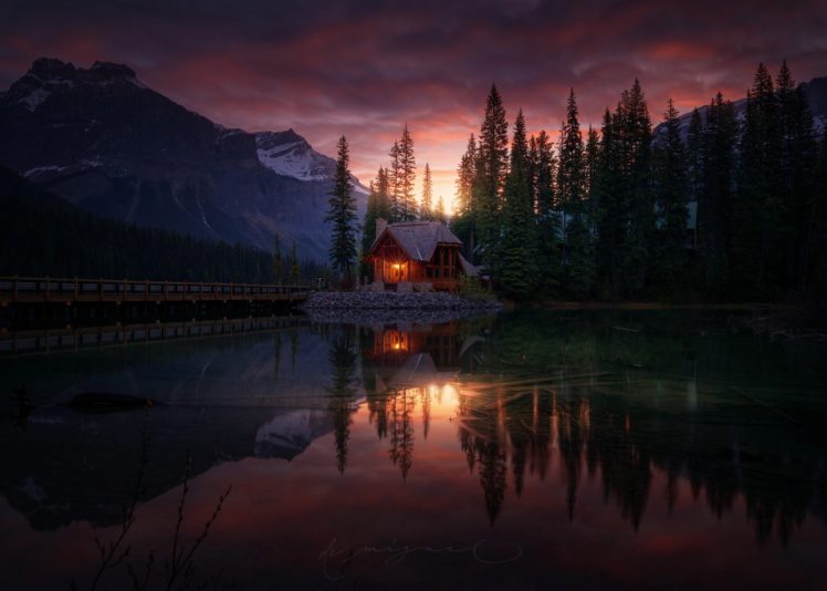 nature, Reflection, House, Pine trees, Sunset, Mountains HD Wallpaper Desktop Background