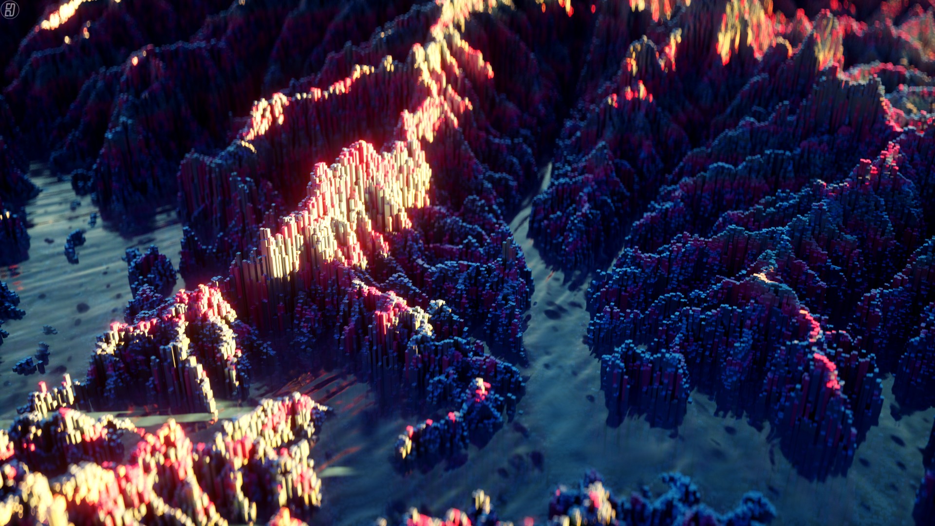 water, Hills, Sunset, 3D, Cinema 4D, Cinema4D, Cubic, Depth of field Wallpaper