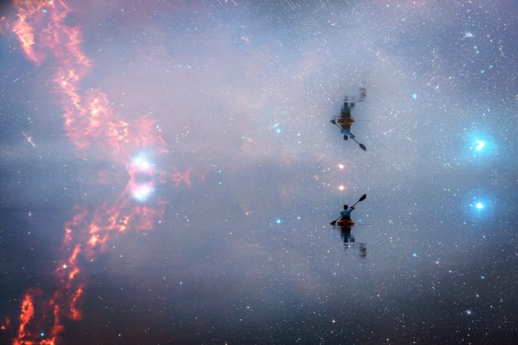 water, Lake, Night, Boat, Stars, Galaxy, Space HD Wallpaper Desktop Background