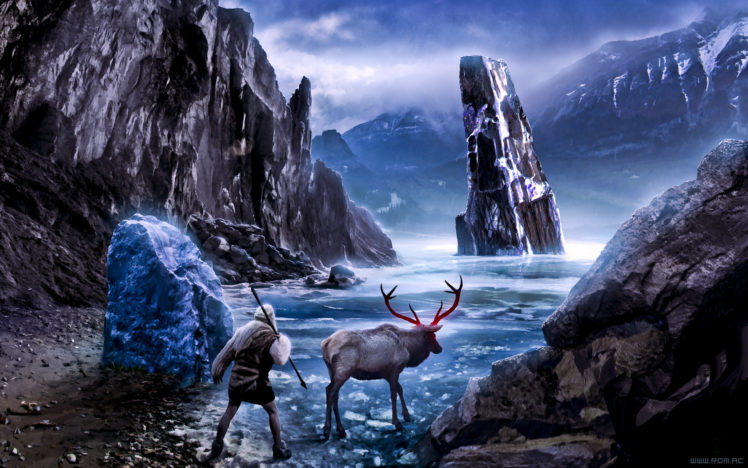 Romantically Apocalyptic, Digital art, Apocalyptic, Fantasy art, Nature, Mountains, Rock, Snow, Deer, Frost HD Wallpaper Desktop Background