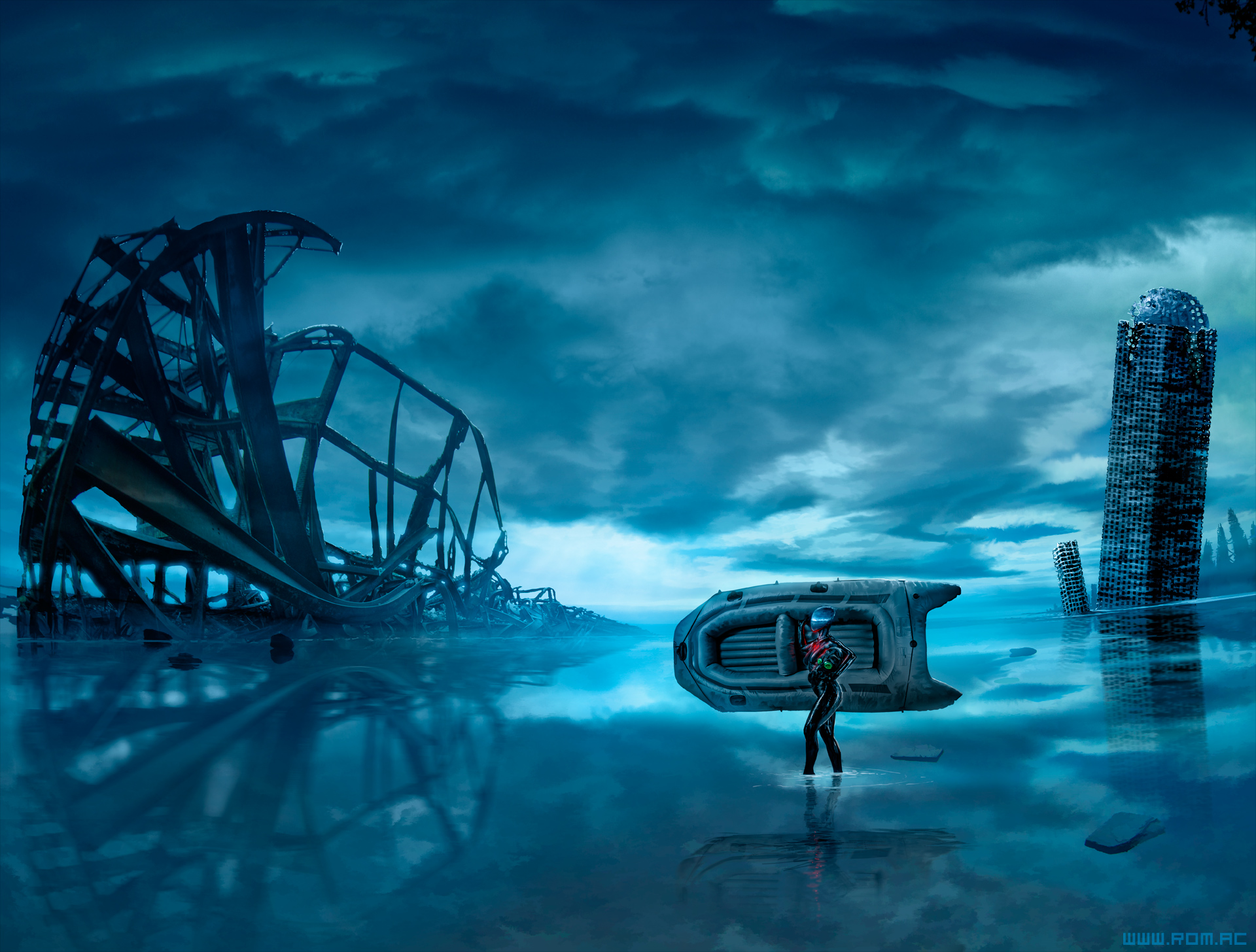 heart, Women, Romantically Apocalyptic, Digital art, Apocalyptic, Water, Reflection, Ruin, Boat, Mask, Clouds, Gas masks Wallpaper
